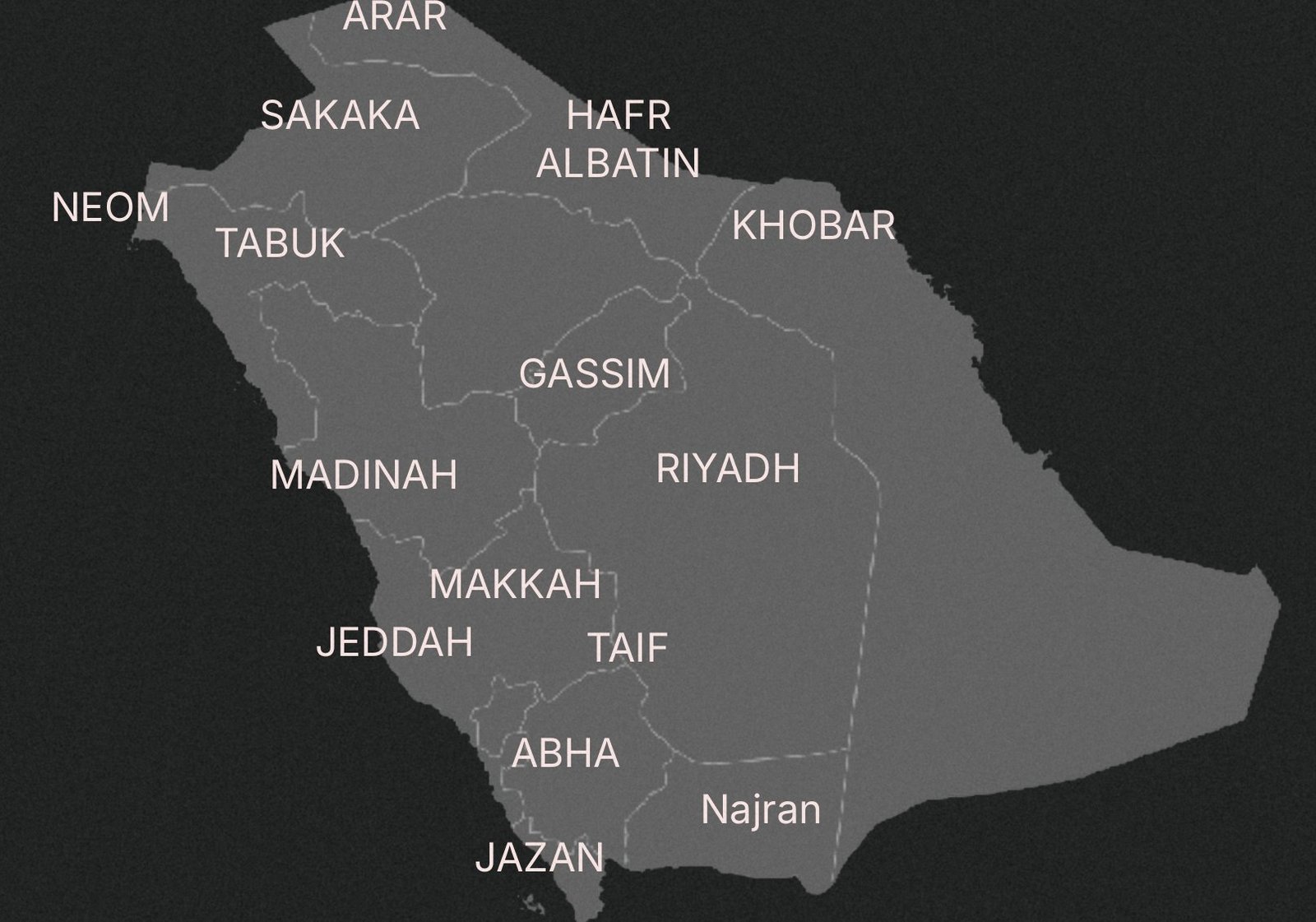 Map: JAZAN, ABHA, RIYADH, GASSIM, MAKKAH, JEDDAH, MADINAH, NEOM, TABUK, SAKAKA, KHOBAR, ARAR, HAFR ALBATIN, Najran, TAIF
